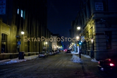 Night winter street view in Montreal snow lantern