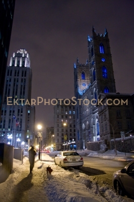 Night winter street view in Montreal with Basilique Notre-Dame d
