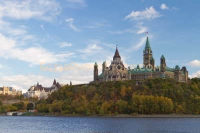 Parliament Hill in Ottawa view across the river.