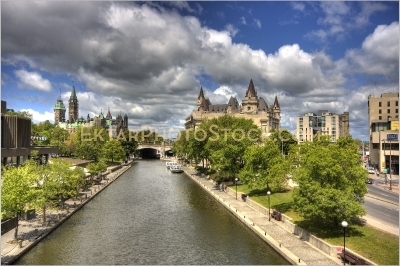Rideau Canal Spring View in Downtown Ottawa. Parliament and Chateau Laurier