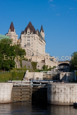 Rideau locks view from ottawa river with Chateau Laurier