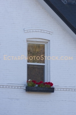 White wall of the old house in wakefield with flowers