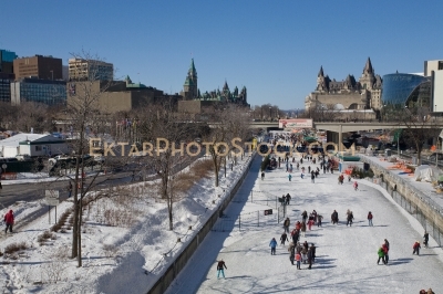 Winterlude skating on Rideau canal view on Parliament and  Chate